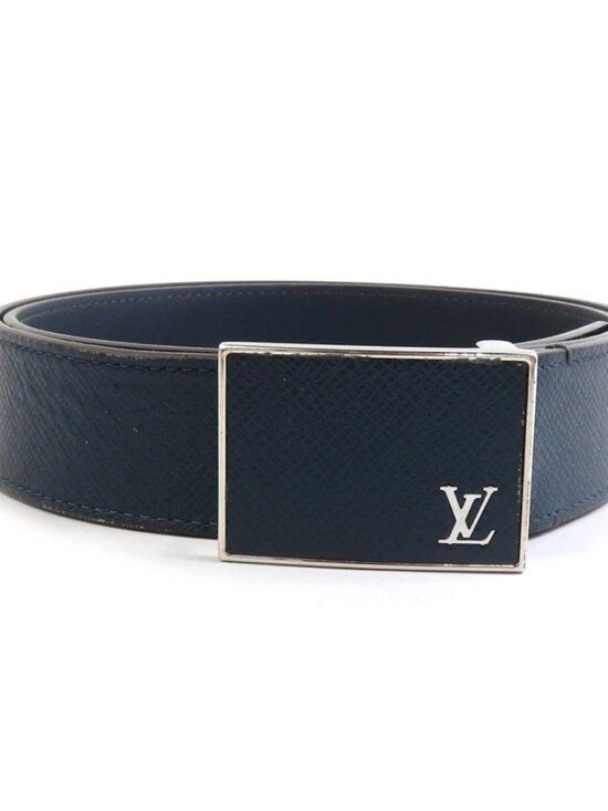 Auth LOUIS VUITTON Taiga Belt Navy/Silver Leather/Metal main image 9